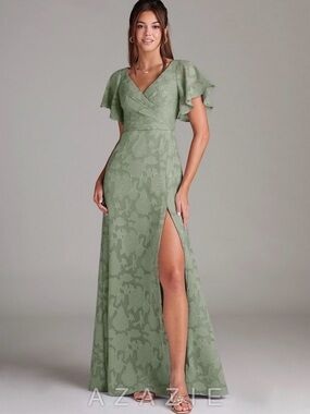 Azazie Sage Floral Lace V-Neck Maxi Dress with Flutter Sleeves